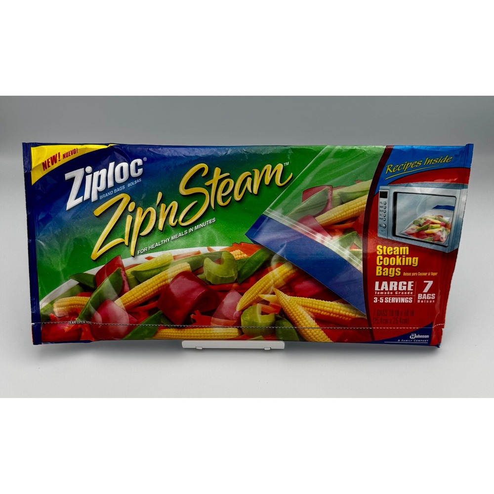 Ziploc Zip 'N Steam Microwave Cooking Bags LARGE 7 Count Pack 10"x10" NOS Vtg